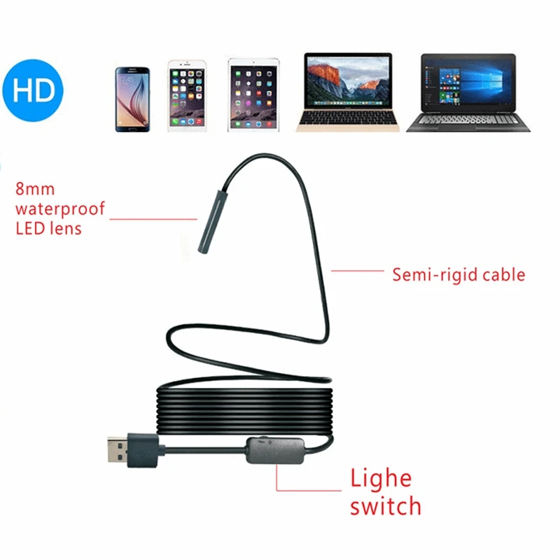 Камера-Эндоскоп HD 1200P Водонепроницаемая проводная 8 мм светодиодный 1 комплект |