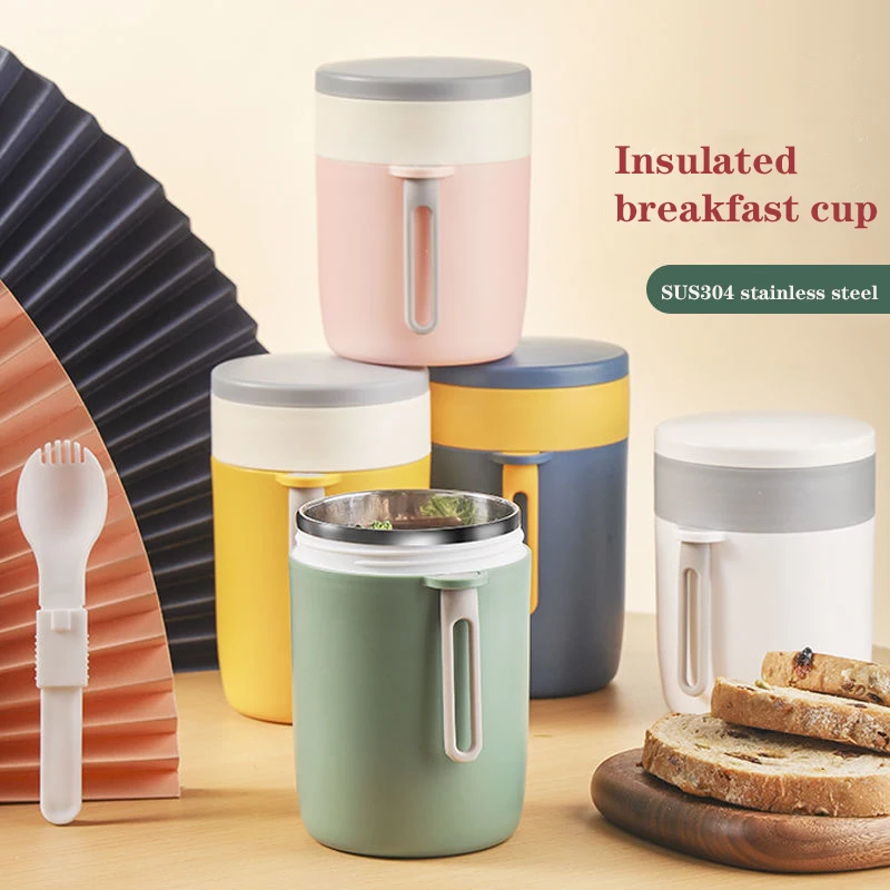 

Чашка для завтрака из овсянки с крышкой и ложкой, чашка для воды, термос, чашка для женщин, Студенческая простая чашка из нержавеющей стали 304...