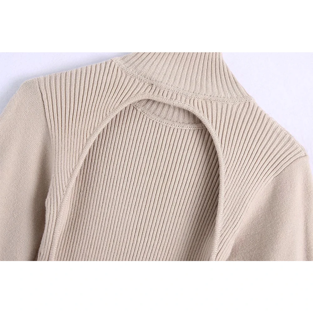 

2021 New Women Knit Bodysuit Long Puff Sleeves High-neck Backless Fashion Chic Lady Sexy Woman bodysuit vestidos femme robe