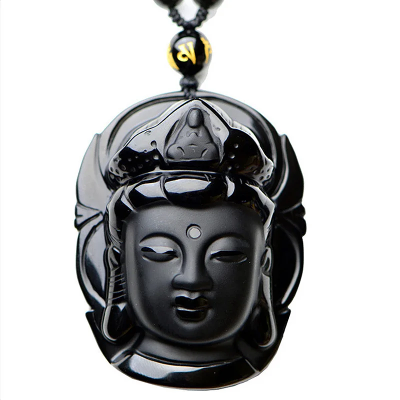 Мужское ожерелье подвеска черный обсидиан Гуаньинь голова Будды Бесплатная