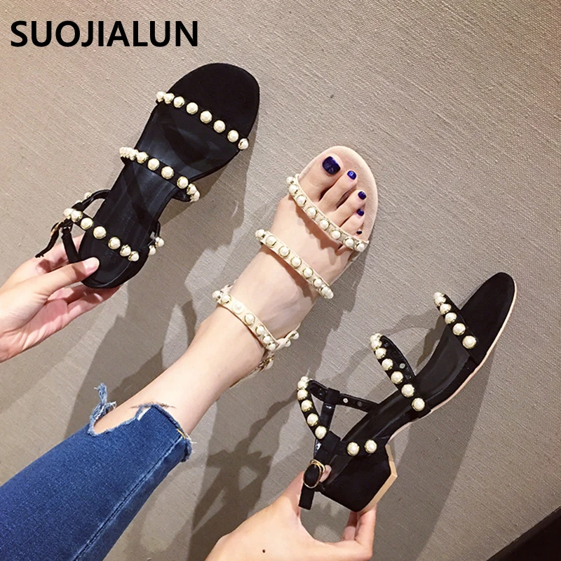Женские сандалии гладиаторы на низком каблуке в богемном стиле с жемчужинами