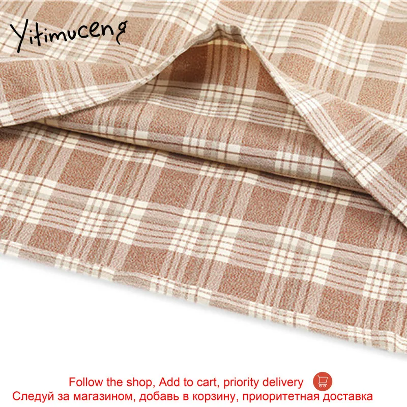 

Yitimuceng Plaid Asymmetrical Vintage Dresses Women A-Line Spring 2021 High Waist Long Sleeve V-Neck Office Lady Fashion New
