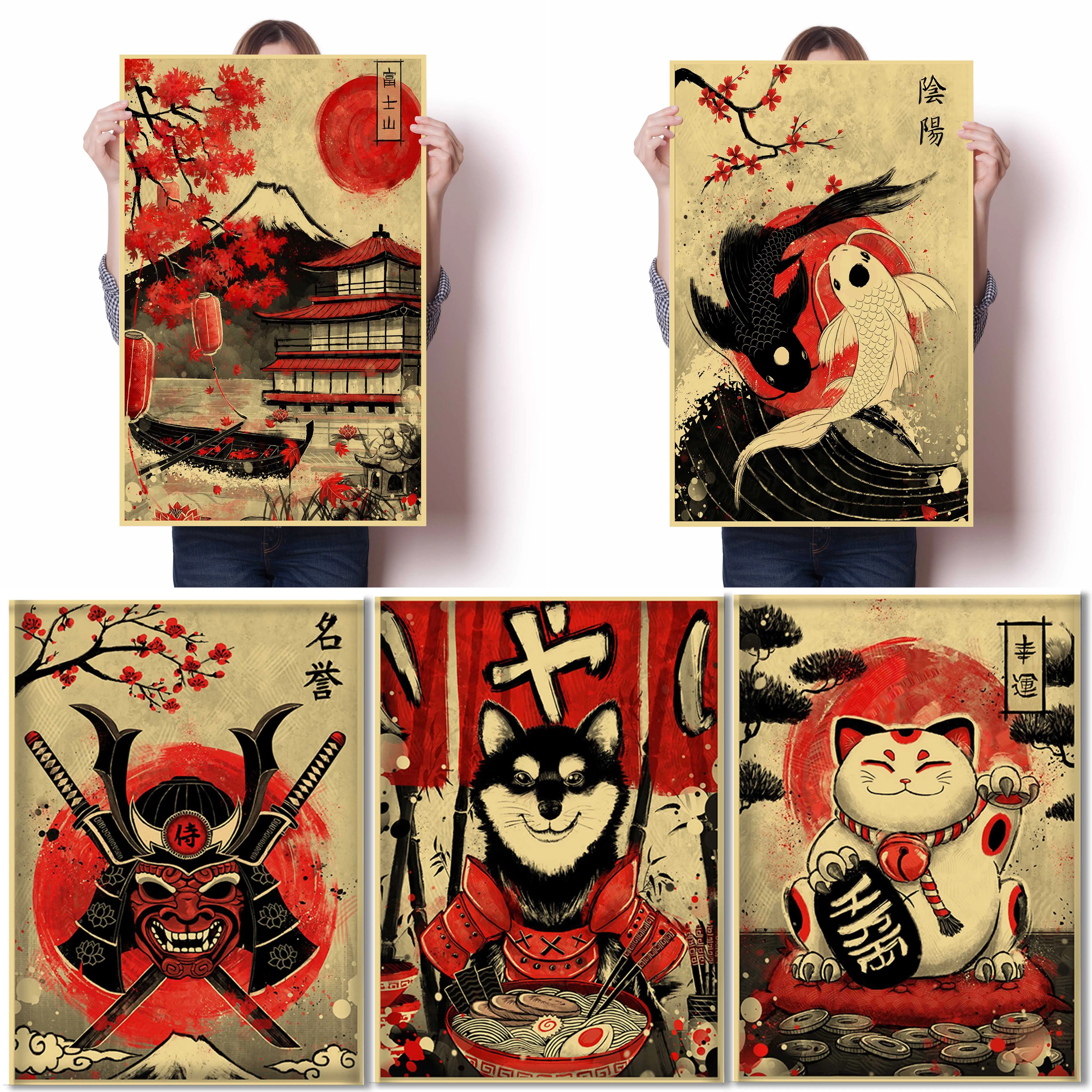 

Samurai Cat Shiba Inu Mount Fuji Japanese Style Retro Kraft Paper Poster Bar Cafe Home Art Deco Print Wall Sticker A411