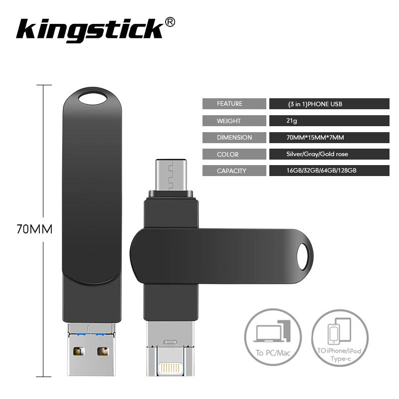 

IOS 3 in 1 Metal USB Flash Drive 128gb type-c Pendrive 32gb 64gb Usb2.0 Flash Disk for iPhone X/8 Plus/8/7 Plus USB Memory Stic