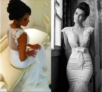new fashionable vestido de novia casamento bow appliques bridal gown long sexy v neck mermaid wedding dress 2014 free shipping