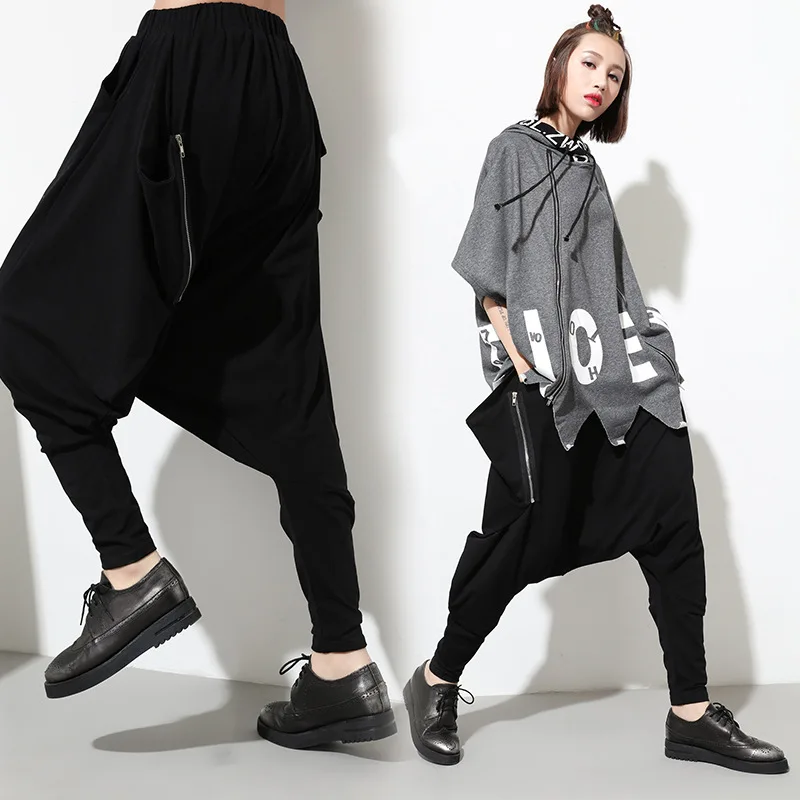 

Women Men Hip Hop Harem Pants Black Elastic Waist Baggy Low-Crotch Trousers Pockets Irregular Gothic mujer pantalones