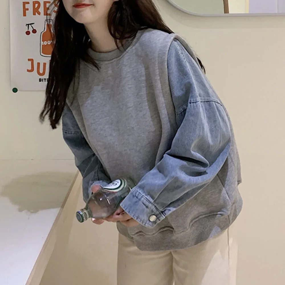 

Autumn Women Sweater Fashion Long Sleeve Denim Patchwork Office Lady Casual Cotton Spring Kpop Harajuku Pullover Top 2020