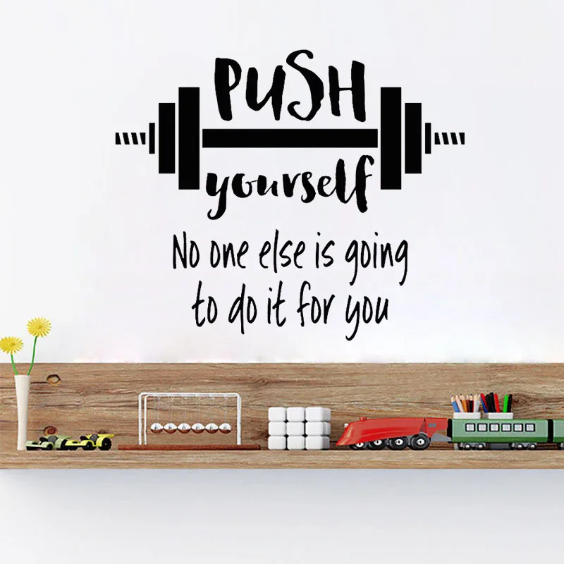 

WJWY Push Yourself GYM Quotes Wall Decal Stickers Barbell Workout Exercise Sport Vinyl Decals Mural Home Decoration Wallpaper