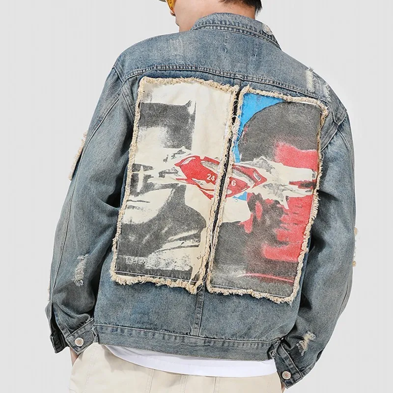 Модные мужские рваные джинсовые куртки Harjuka с принтом однобортные свободные