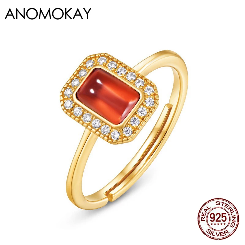 Кольцо женское прямоугольное из серебра 925 пробы с красным гранатом и изменяемым