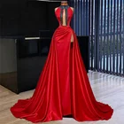 Женское вечернее платье со шлейфом, красное платье с высоким разрезом, вышитое бисером, а-силуэт, для выпускного вечера