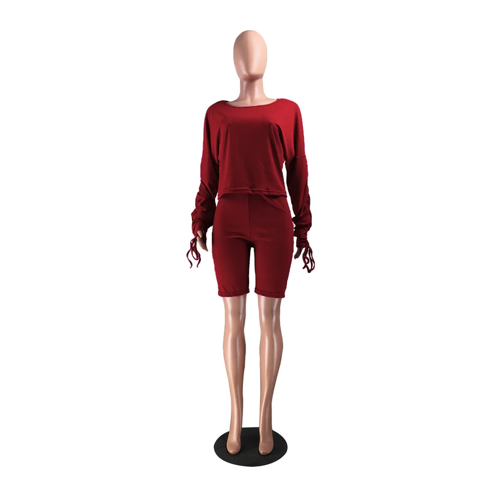 

New Solid Long Sleeve Pleated Casual Elegant Fashion Two Piece Suits Street Style Regular Round Neck Tops Bandage shorts Draped