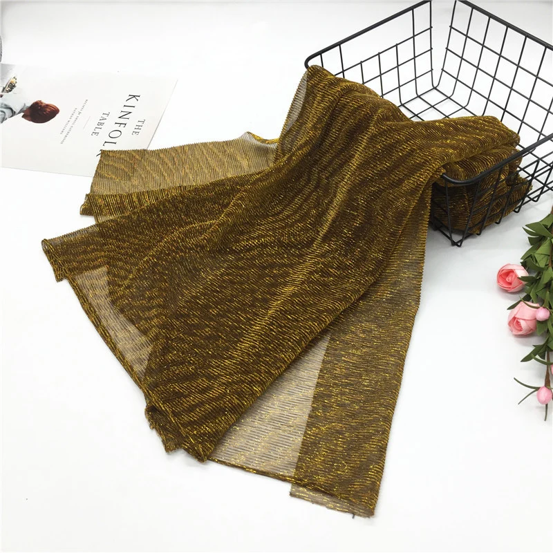 

HanXi Women Scarf Crinkle Muslim Hijab Gold Islamic Headscarf Glitter Plain Pleated Shimmer Headscarf Arabian Dubai Turban