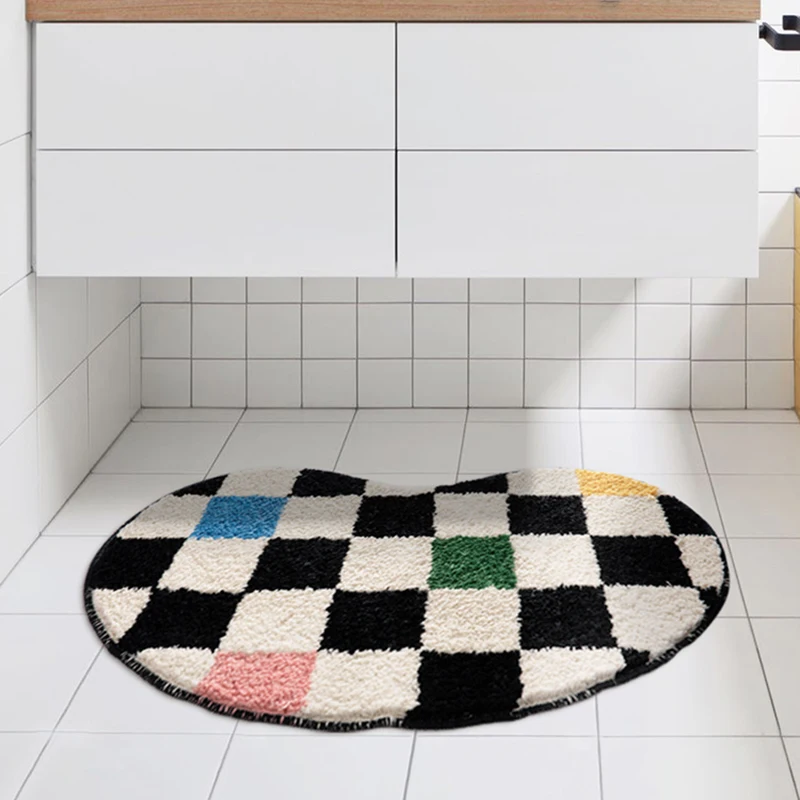 

Colorful Grids Bathroom Rug Bean Shape Fluffy Entrance Carpet Area Floor Pad Mat Doormat Tidy Aesthetic Home Room Decor 50x80cm