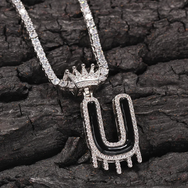 

Hip Hop Crown Letter Pendant Necklaces Micro Paved Cubic Zirconia Bling Iced Out for Men Rapper Jewelry Drop Shipping