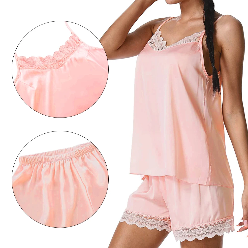 

Ladies Sexy Lace Trim Satin Sleepwear Two Pieces Solid Color Nightwear Cami Top And Shorts Spaghetti Strap Silk Pajama Sets