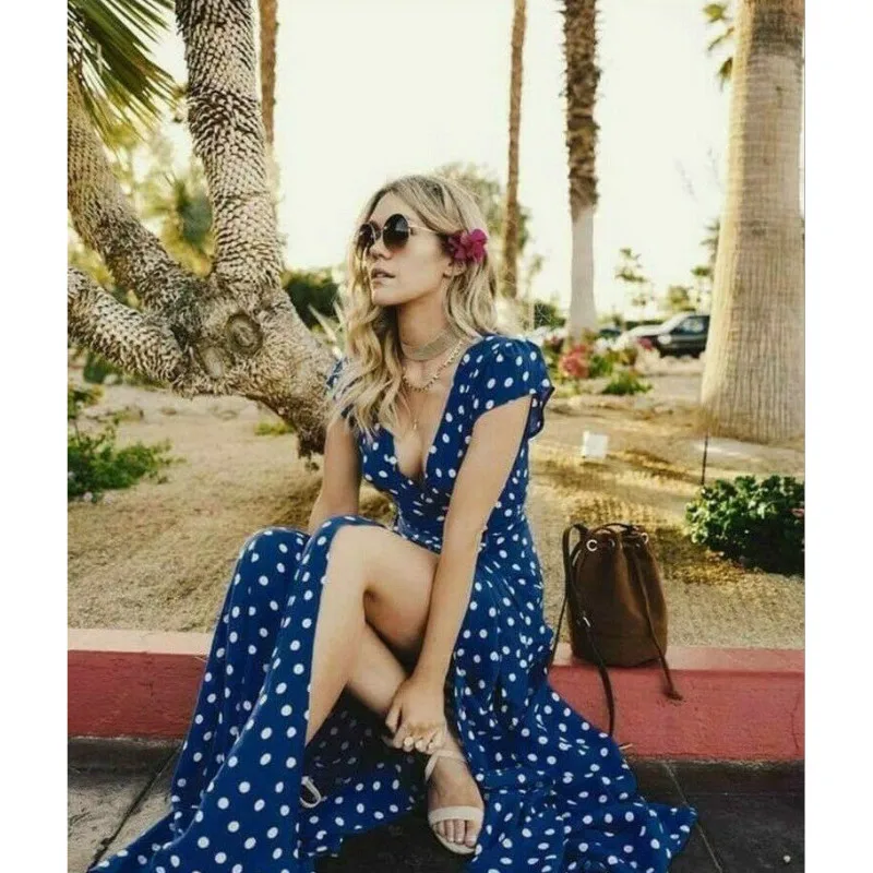 Праздничное женское платье в горошек Boho, длинное платье, женский пляжный сарафан с коротким рукавом, женские платья с v-образным вырезом