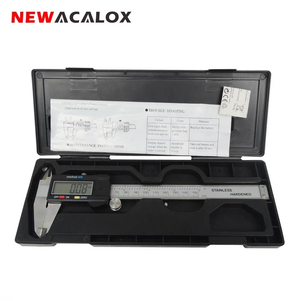 NEWACALOX 0-6 дюймов/150 мм электронный цифровой штангенциркуль из нержавеющей стали прецизионный измерительный инструмент с очень большим ЖК-экраном