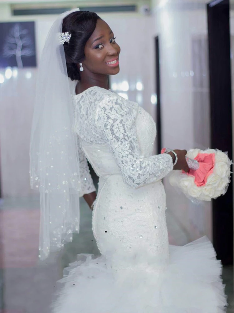 

2020 African Wedding Dress Long Sleeve Beaded Sequins Lace Ruffles Tiered Tulle Skirt Mermaid Bridal Gowns vestido de novia