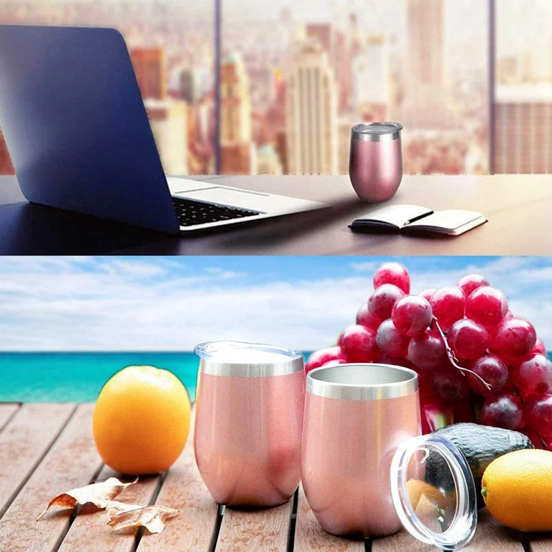 

4 Pack 12 Oz Stainless Steel Stemless Wine Glass/Mug,with 4 Straws Insulated Thermal Wine Tumbler with Lids for Coffee