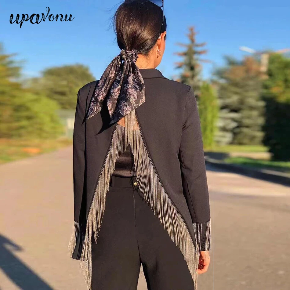 Free Shipping 2021 New Women's Black Blazer Fashion Halter Chain Design Tassel Blazer Lapel Long Sleeve One Button Blazer