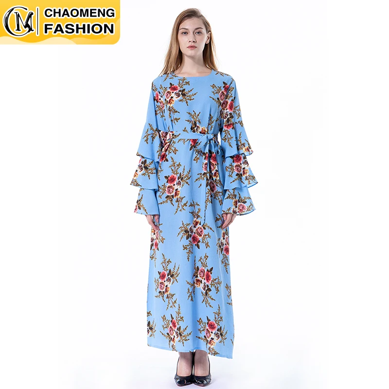 

New Design Thick Chiffon Floral Printing Long Sleeve Maxi Kaftan Turkey Arabic Islamic Clothing Muslim Women Dress