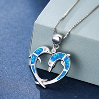 elegant cute sea dolphin pendant necklace for girl statement women accessories fashion imitation blue opal necklace jewelry