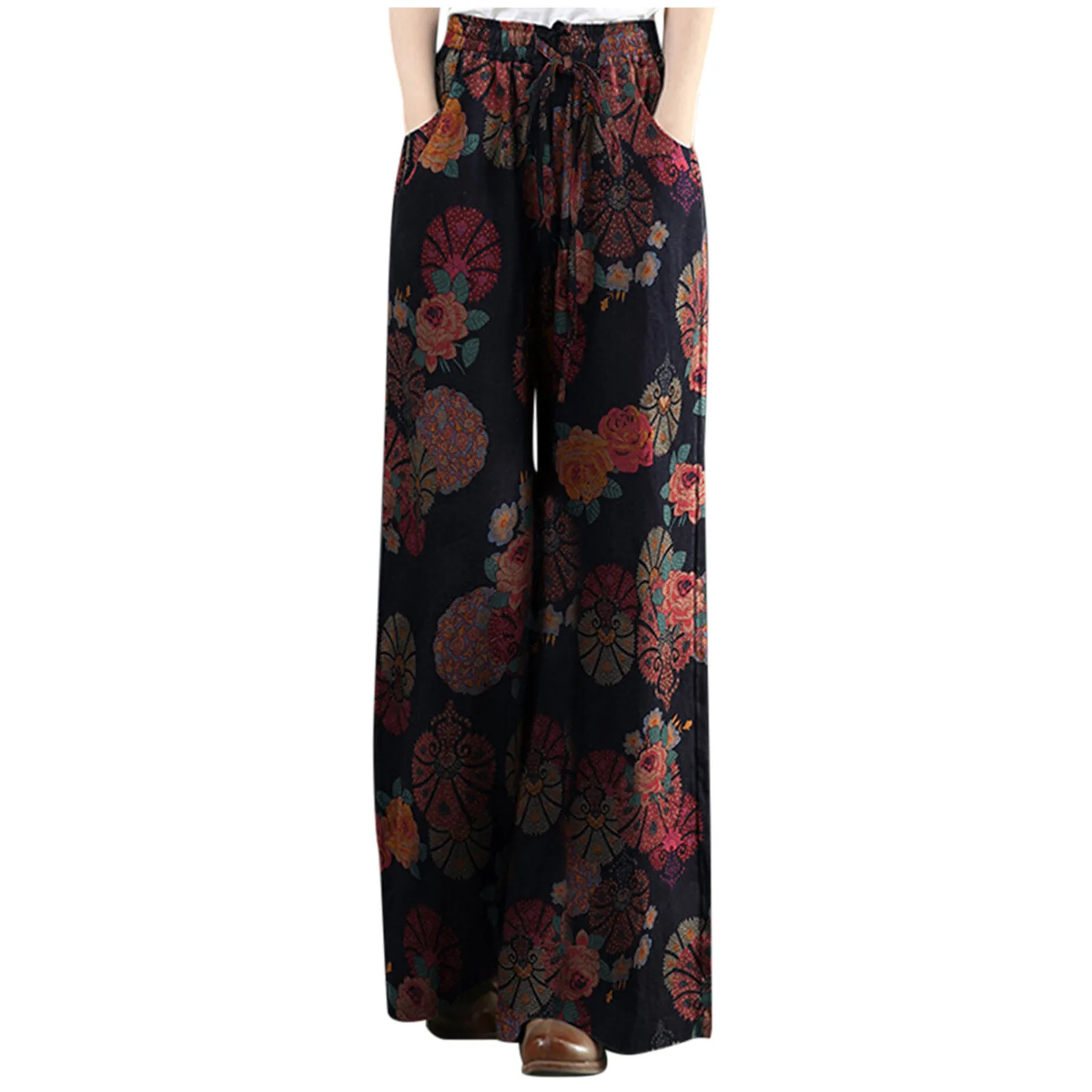 

Women Comfort Cotton Linen Wide Leg Pants Women Fashion High Waist Loose Toursers Plus Size Floral Print Pockets Femme Clothing