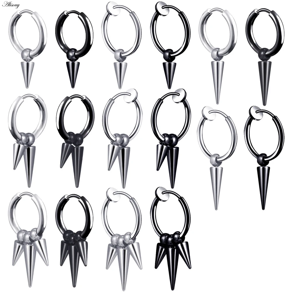

Alisouy 1pc Rock Punk Hiphop Cone Tip Rivet Spike Pendant Hoop Women men Circle Ear Stud Piercing Clip On Korean Earrings