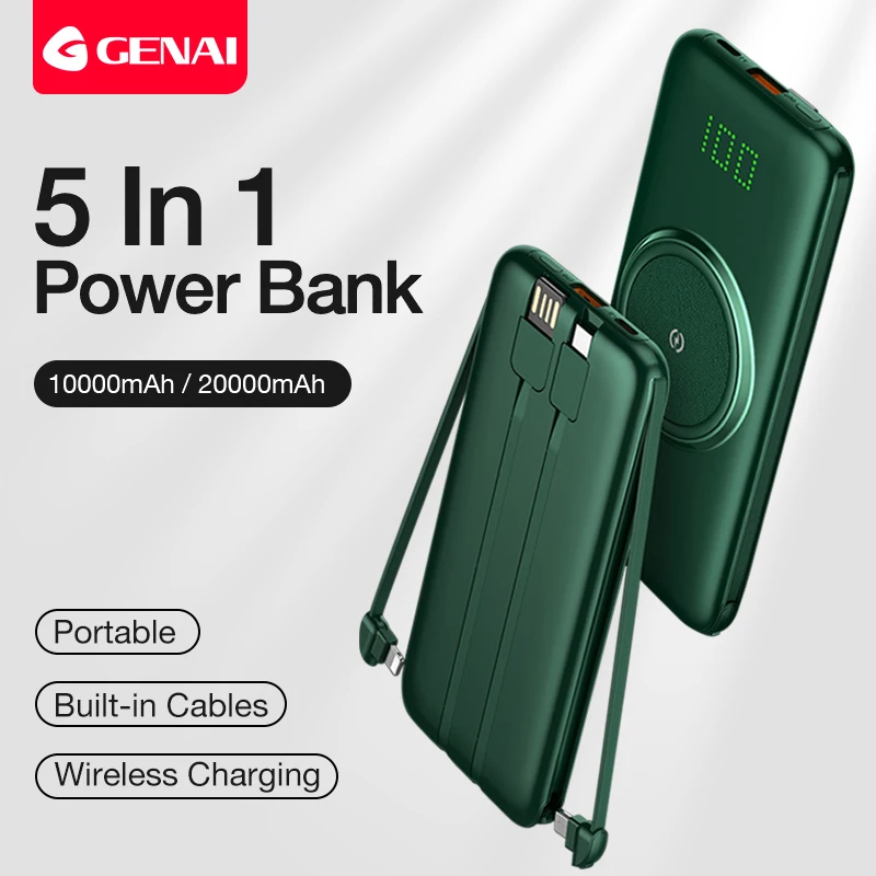 genai 5 in 1 wireless power bank 20000 mah led digital display built in cables powerbank mobile phone external battery charger free global shipping