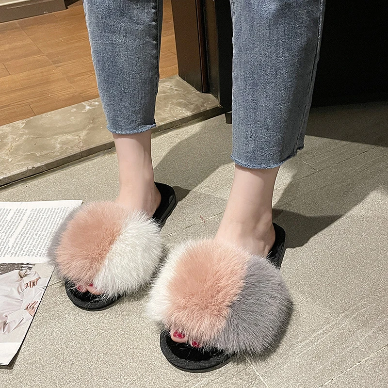 

Sexy Faux Fur Slippers Women Furry Fluffy Slippers Outdoor Indoor Home Flat Shoes Female Casual Flops Slides Dropshopping Slides