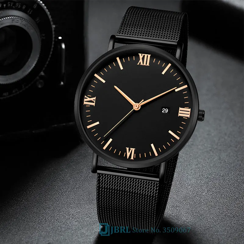 black rose gold Черные наручные часы Мужские часы Бизнес платье Стиль наручные часы из нержавеющей стали Мужские кварцевые часы для мужчин часы с календарем - Цвет: black rose gold