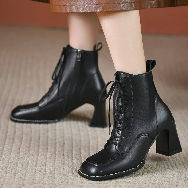 

Rimocy Women's Lace Up Square Toe Ankle Boots 2021 Black Pu Leather Thick Heels Boots Women Autumn Side Zipper Short Booties