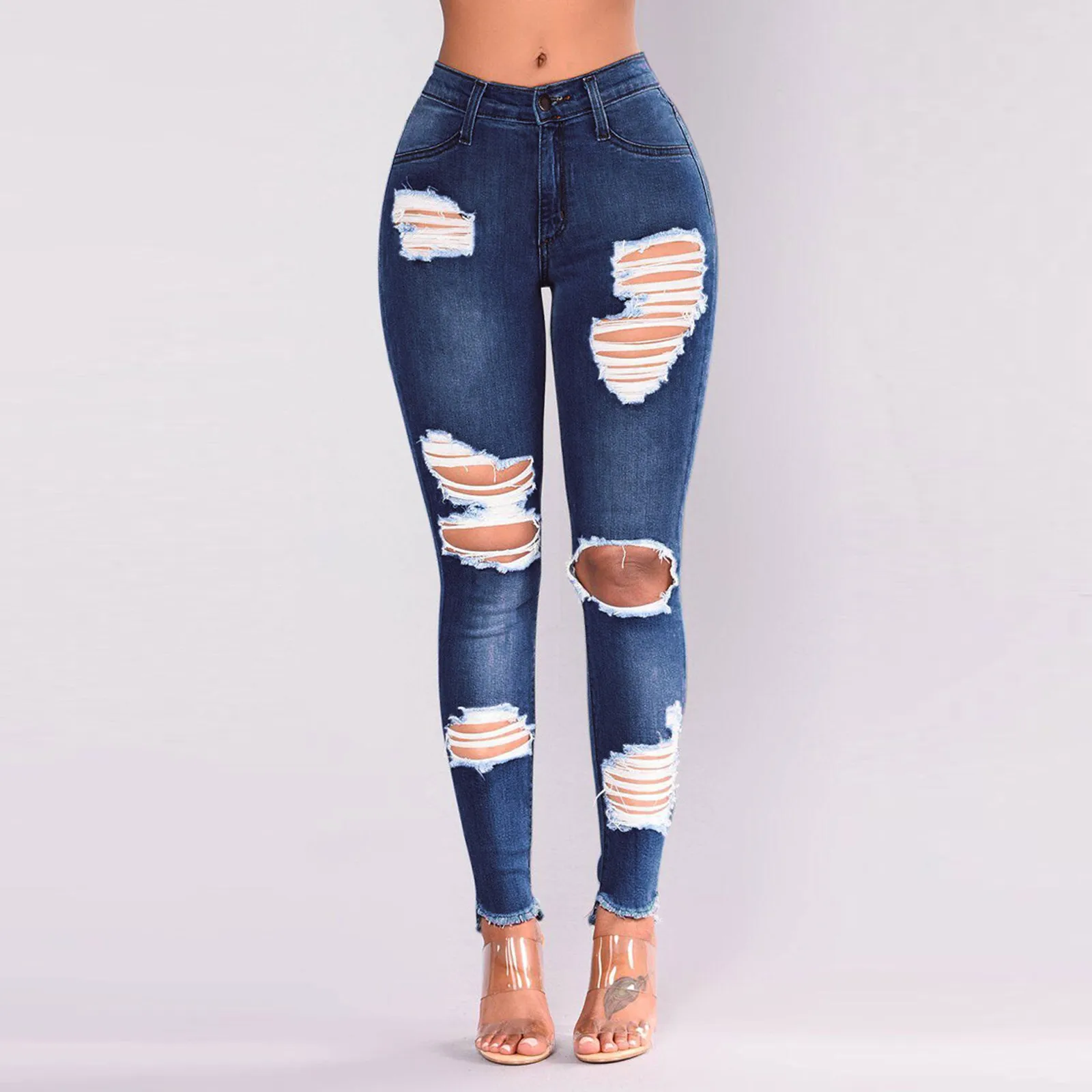 

Women 2021 Slim Plus Size Ripped Hole Pencil Pants Gradient Long Solid Slim Jeans Harajuku Denim Regular Pants Streetwear