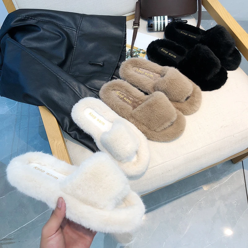 

Winter Women House Furry Slippers Fashion White Faux Fur Warm Shoes indoor Slip on Flats Female Home Slides Black Plush Slippers