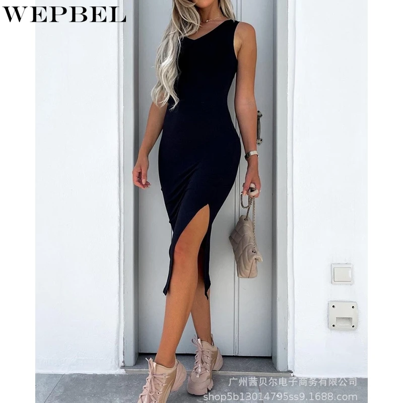 

WEPBEL Casual Slim Dress Women's High Waist Slit Dress Summer Fashion Sleeveless V-neck Solid Color Dress