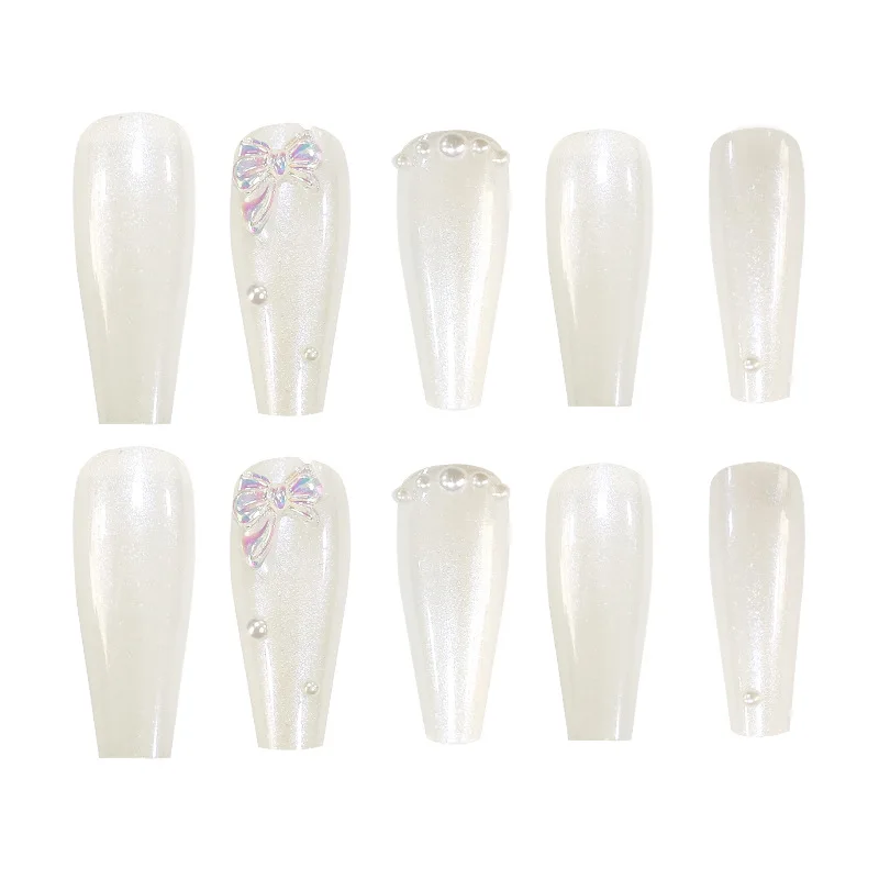 Coffin Fake Nails with Glue Aurora Pearl Bow Handmade Reusable Acrylic Stiletto Press on Nail  Ballet Fasle Nails 24pcs/Box