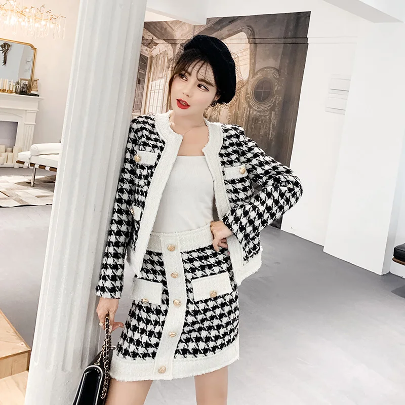 Small fragrance 2 piece set 2019 autumn and winter women's runway tweed wool jacket coat gold button mini pencil skirt suit | Женская