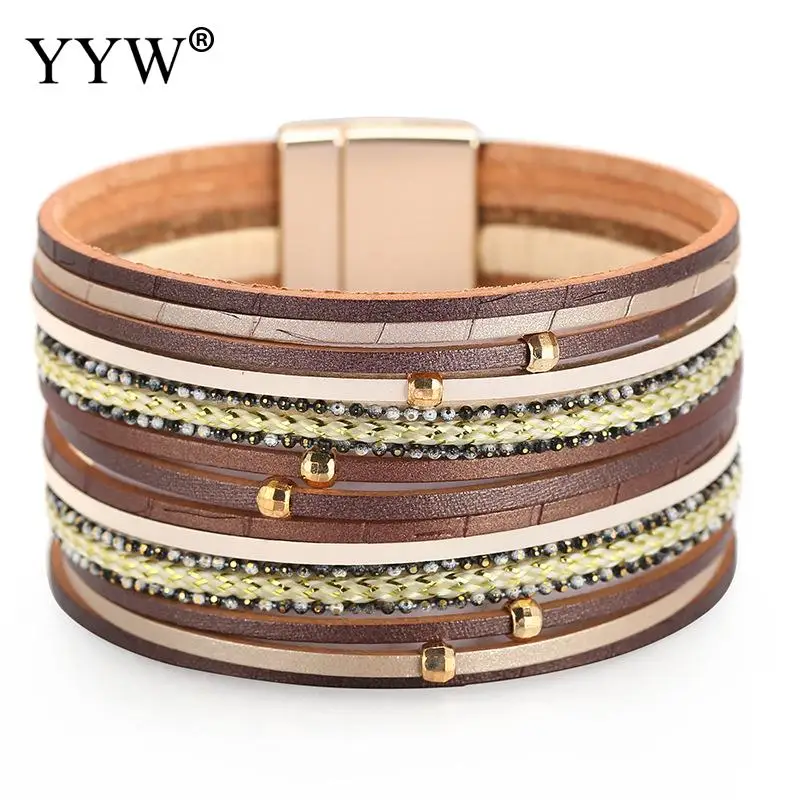 

YYW Metal Beads PU Leather Bracelets For Women 2021 Fashion Slim Strips Boho Multilayer Wide Wrap Bracelet Femme Jewelry #N