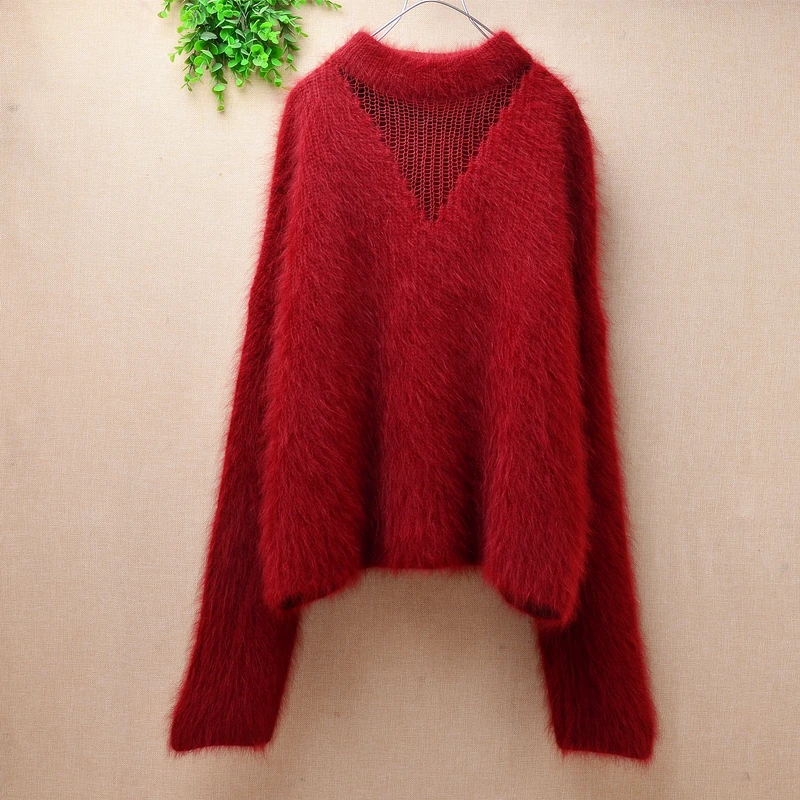 

ladies women fashion hairy mink cashmere long sleeves o-neck loose oversized short pullover angora rabbit fur winter jumper top