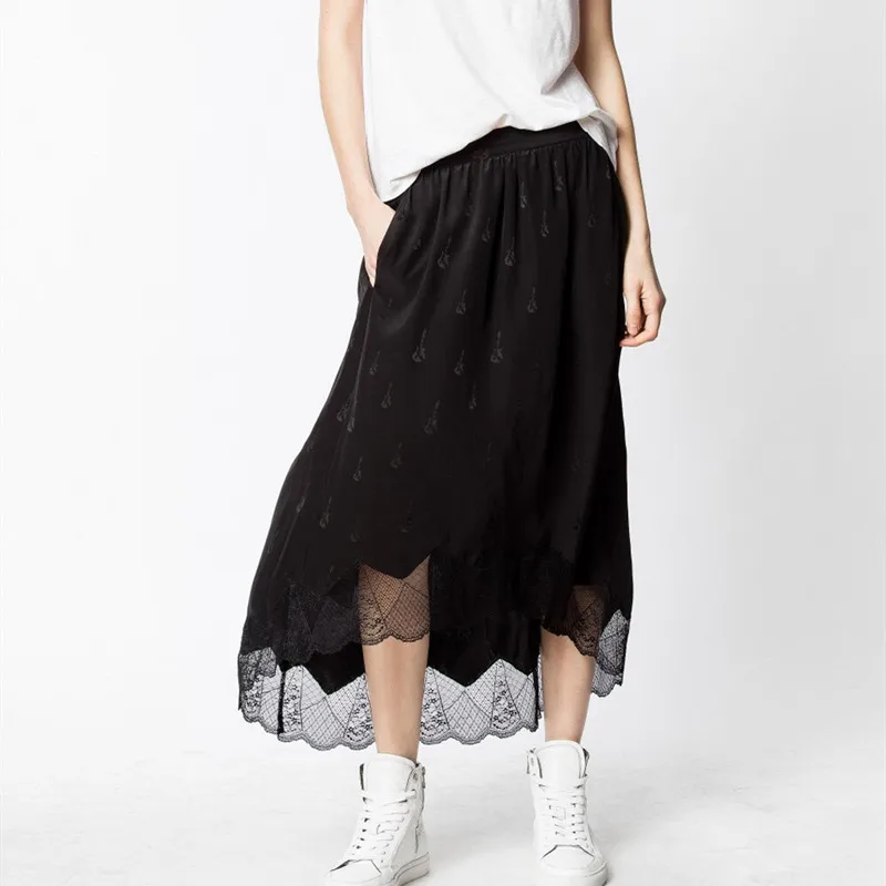 

Женская Асимметричная шелковая юбка с кружевным подолом, Жаккардовая юбка средней длины с поясом на резинке, весна 2021