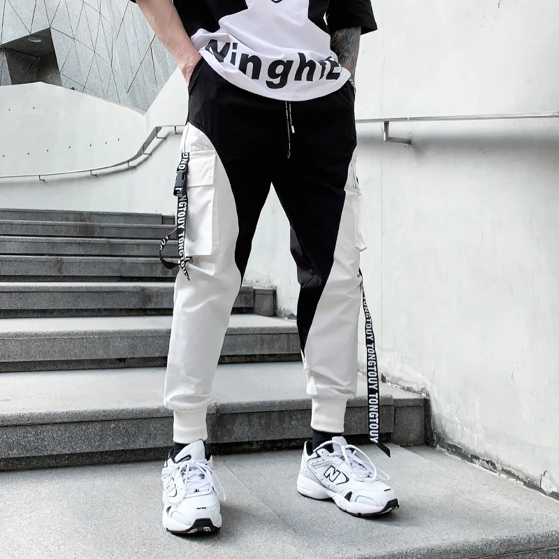 

Fashion Men's Hip Hop Cargo Pants Overalls Male Streetwear Black White Stitching Multi-pocket Sweatpants Harem Joggers Harajuku
