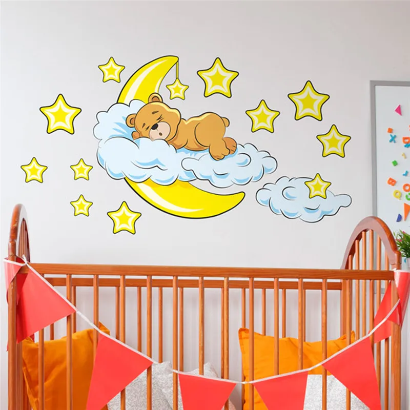2020 новые состоянии медведь спать на Луна облако стене Стикеры звезда наклейка в