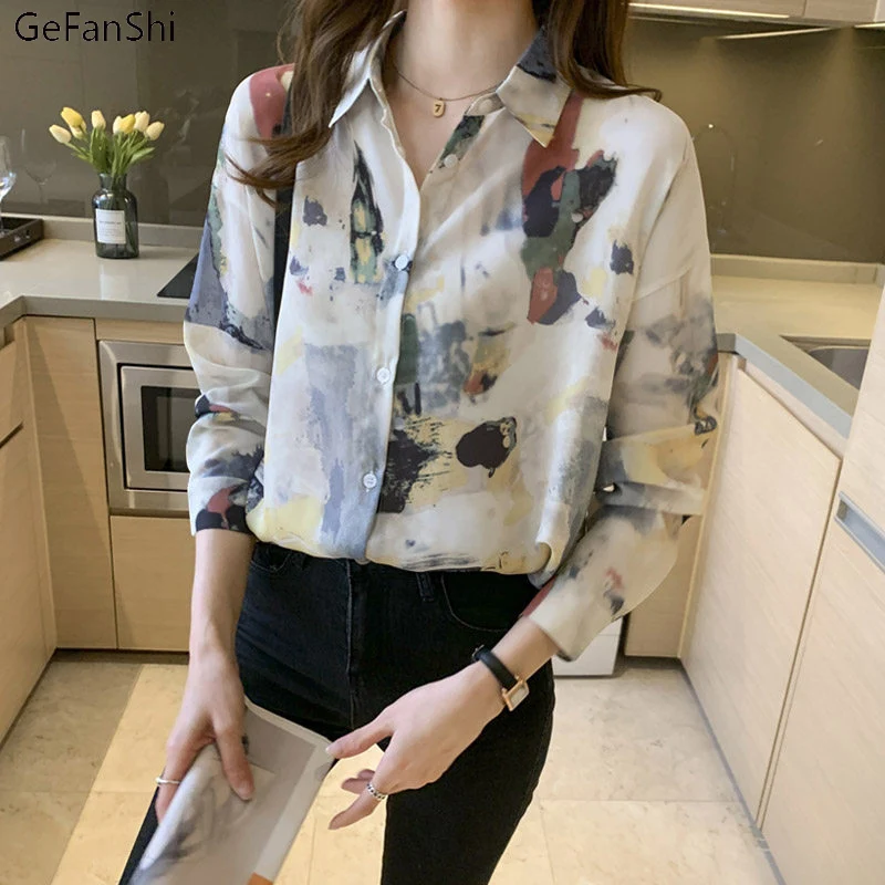 

New Arrival Autumn Turn-Down Collar Print Chiffon Women Long Sleeve Casual Shirt Ladies Korean BF Style Chic Tops