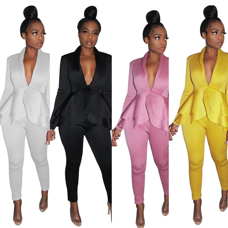 

Two Piece Set Women Set V Neck Ruffles Top and Long Pants Matching Sexy Autumn Long Sleeve Work suit Office Lady 2 Pieces 2020