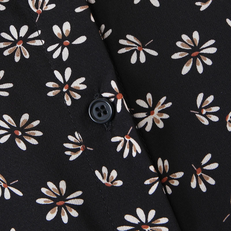 

Elegant flower print women spring summer dress long sleeve turn dowm collar female midi dress buttons a-line ladies black dress