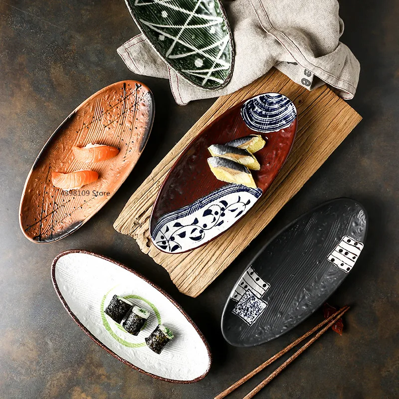 Creative oval plate sushi Japanese tableware hand-painted ceramic dinner home dessert restaurant | Дом и сад