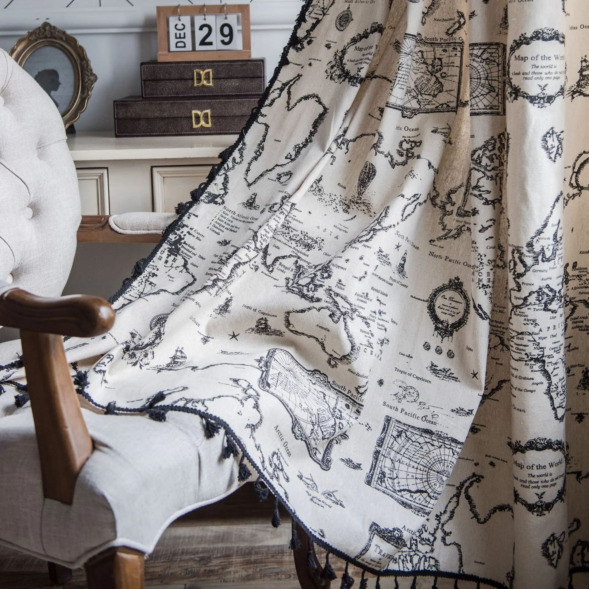 Занавеска из хлопка и льна в стиле ретро Кухонная штора с черными кисточками