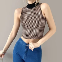 2021 spring summer new womens fashion self cultivation plaid cropped sexy short sleeved half high collar knit short vest women