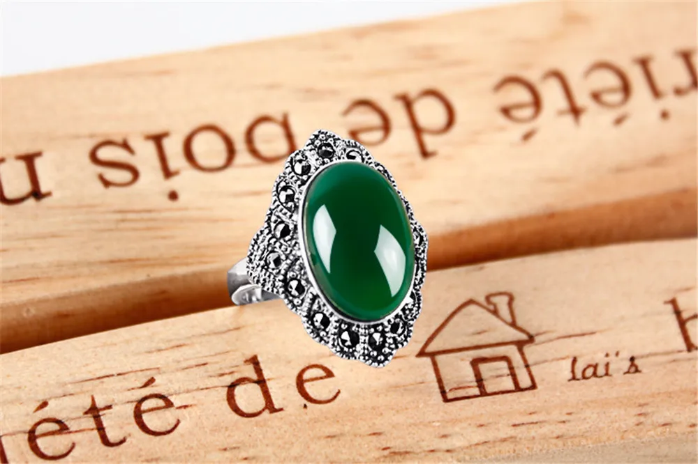 

Big gemstone green jade &red onyx rings for women vintage emerald &ruby stone Thai silver color elegant jewelry antique gift